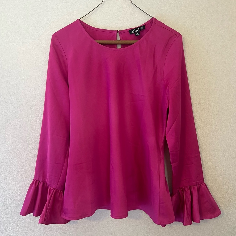 J. Crew Winter Garden Ruffle Bell Sleeve Hot Pink Satin Blouse Size M